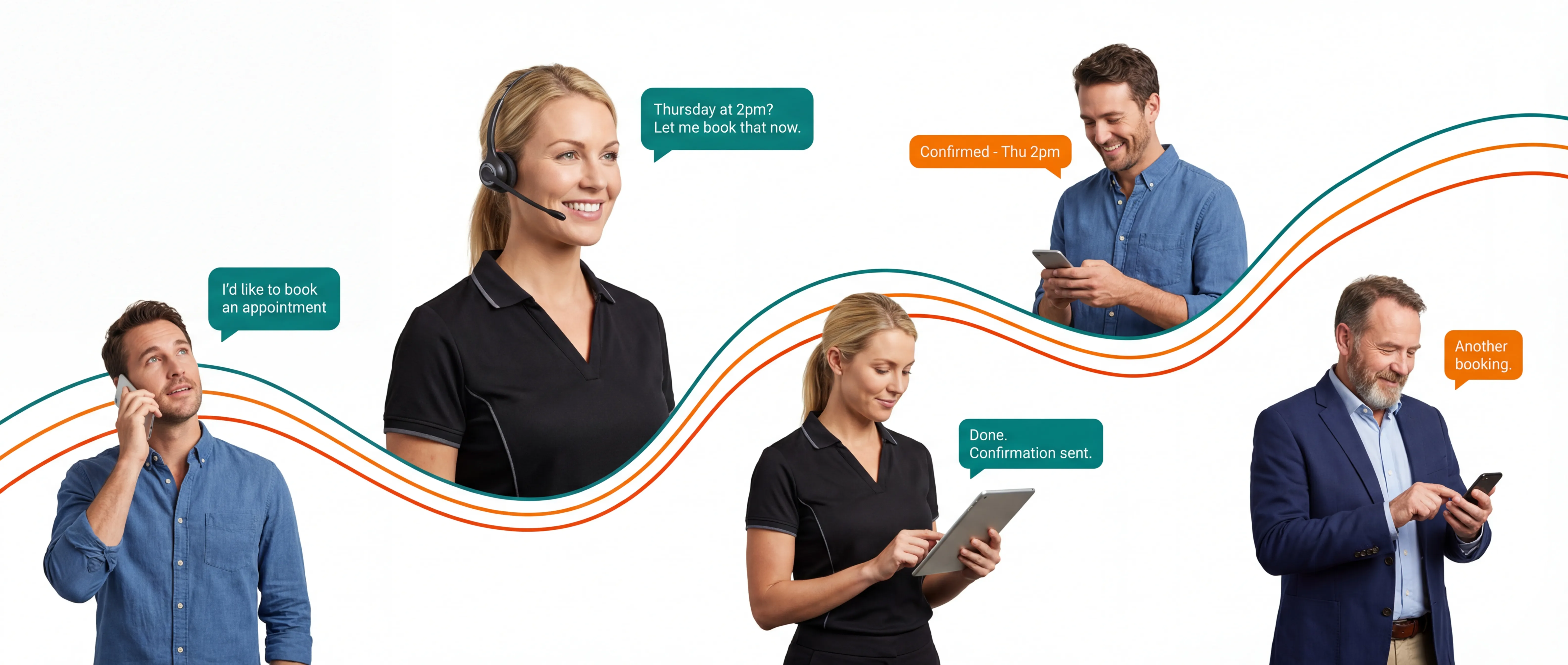 Booking flow: customer calls, AI Receptionist books the appointment, business owner gets confirmation